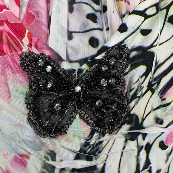 One World Blouse Womens Medium Flowers Butterflies Rhinestones Beads Stretch - Picture 10 of 12